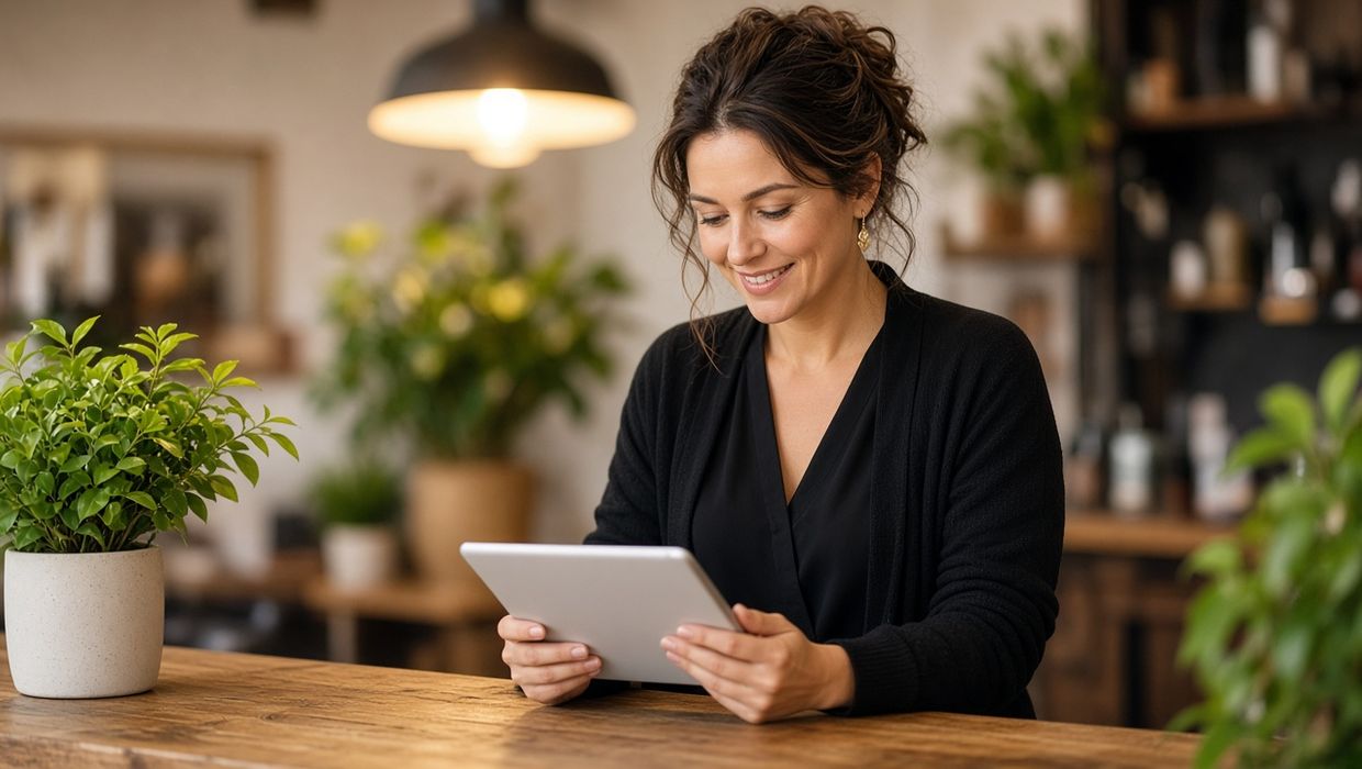A salon owner smiling at a tablet