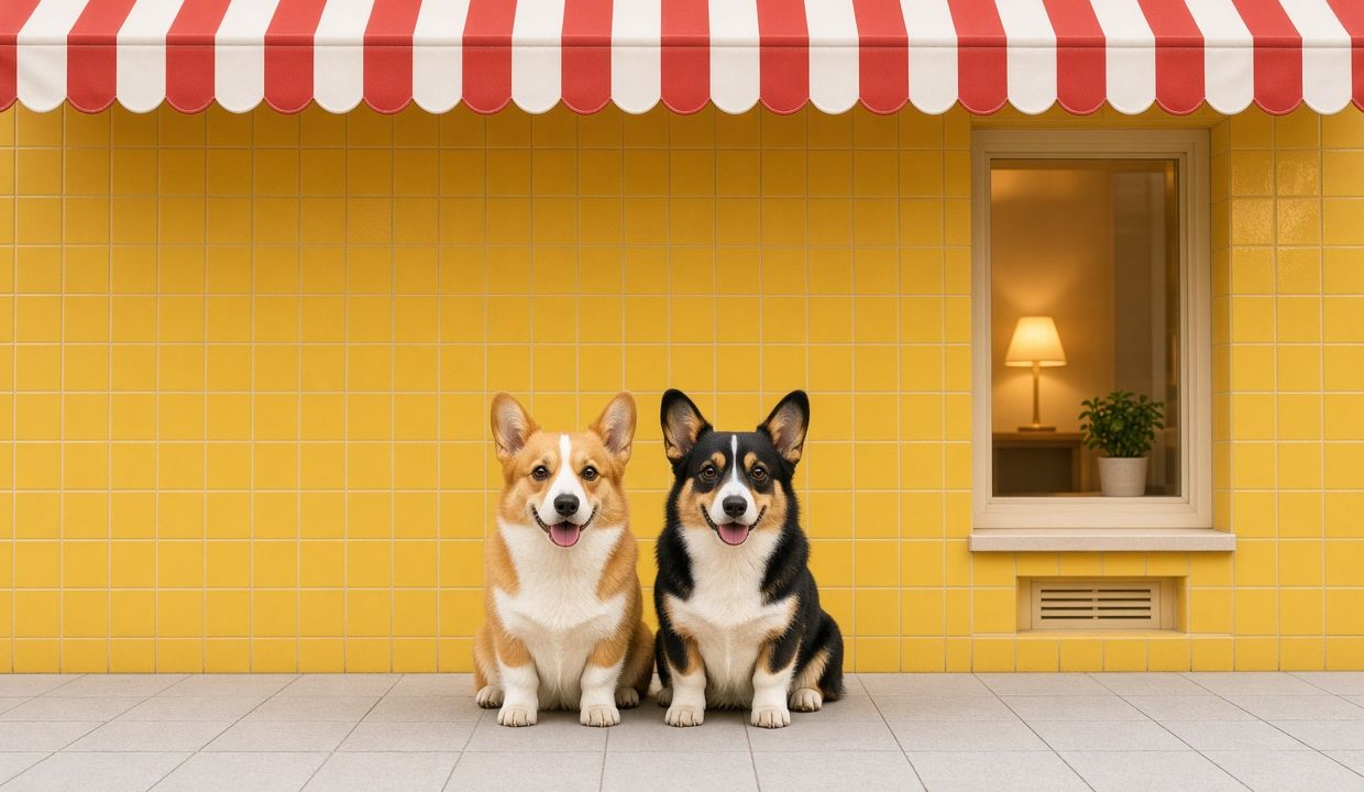 Two corgis in front of a yellow tiled shopfront