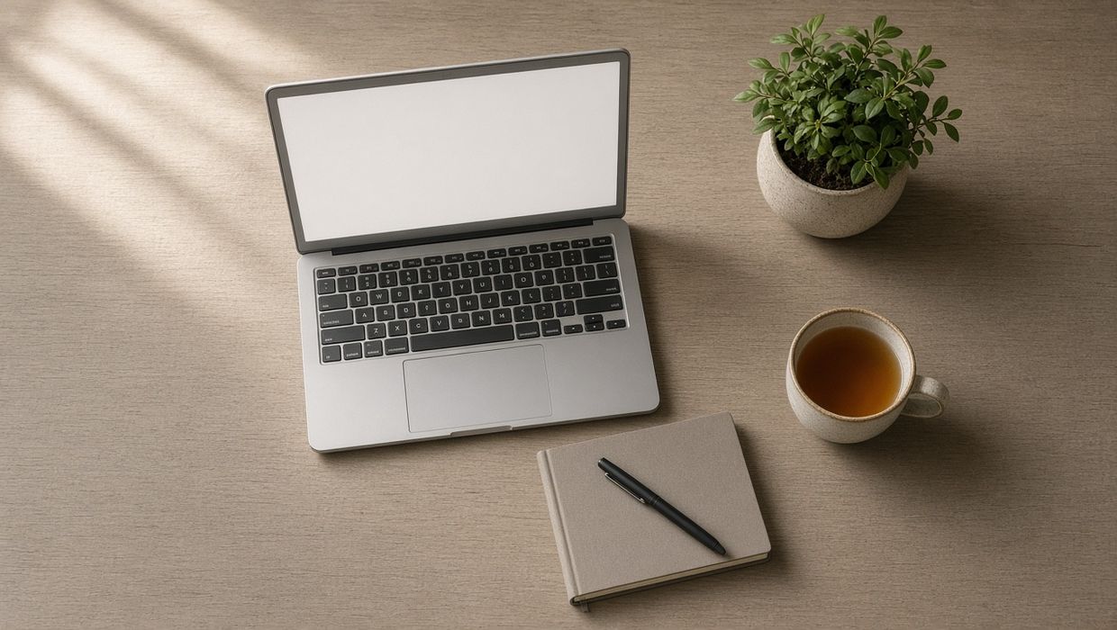A calm desk with a laptop and notebook