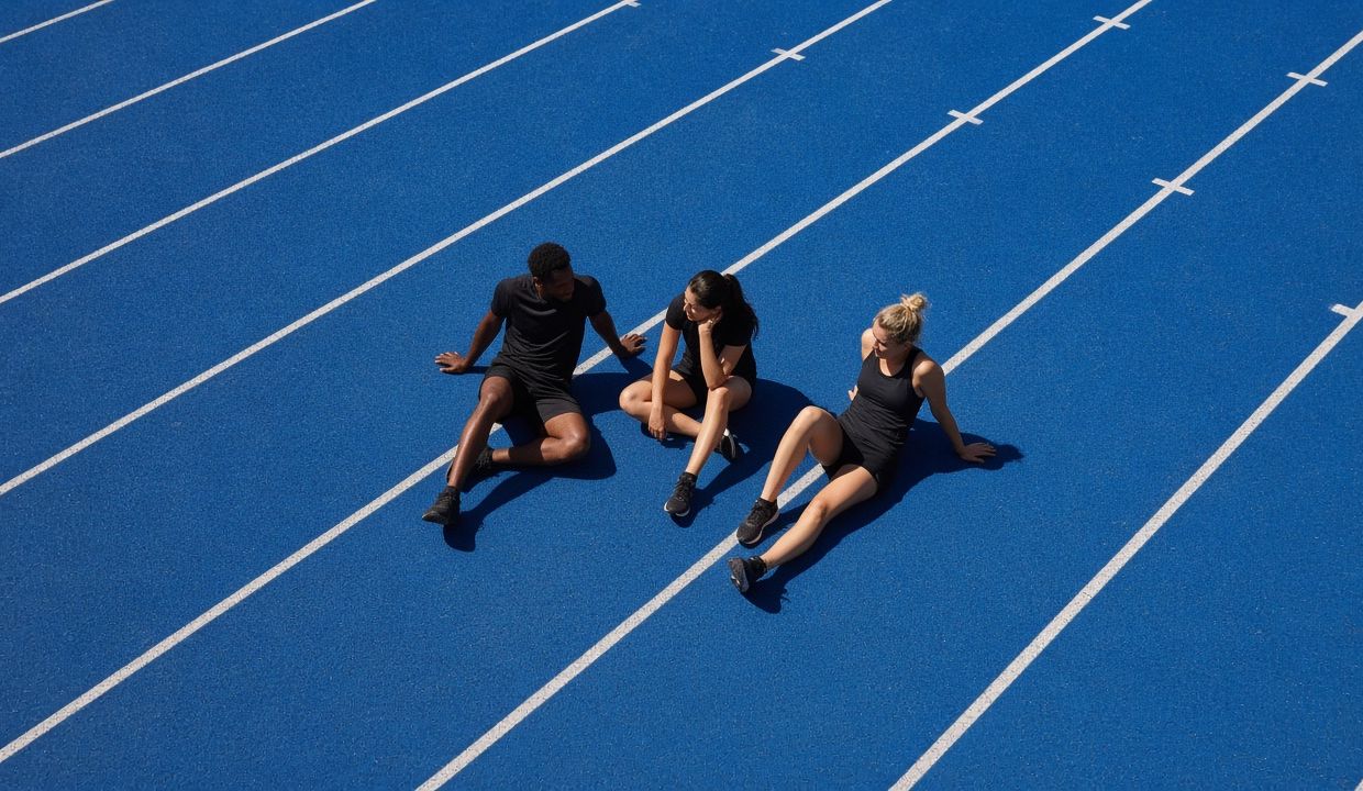 Three runners resting on a blue track