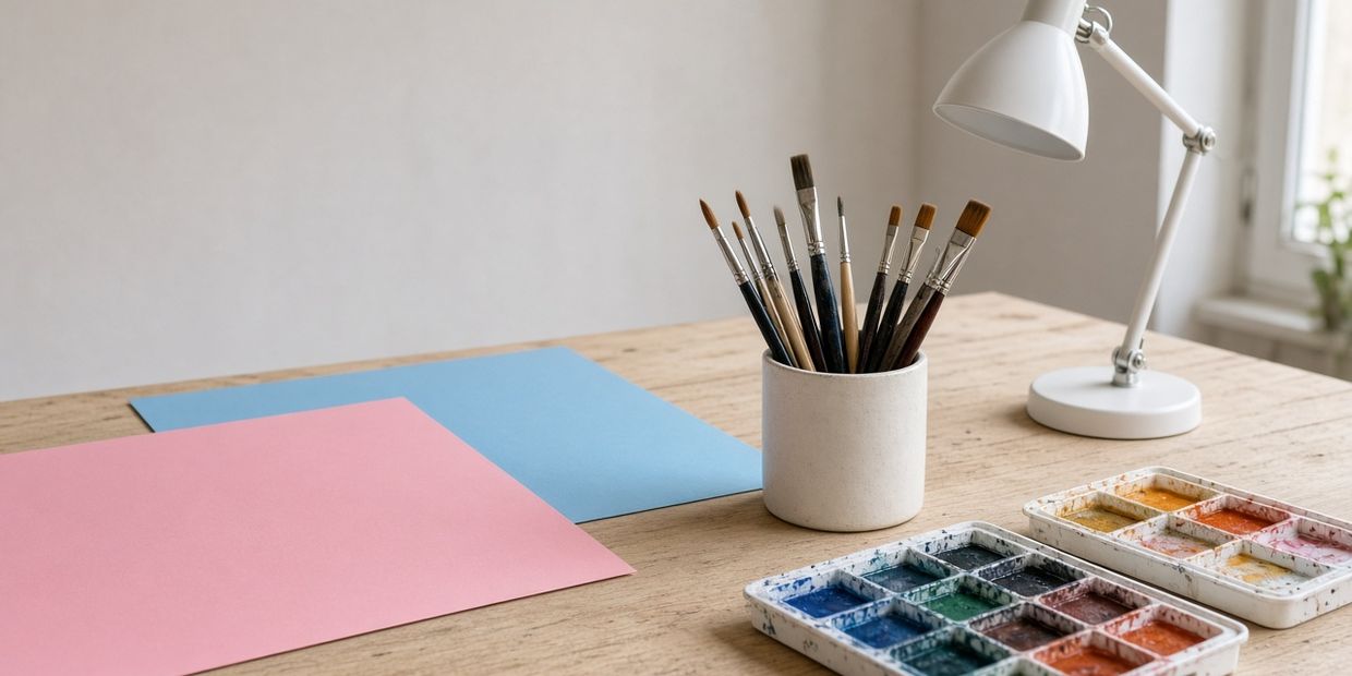 A studio table with brushes and prints