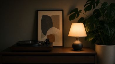 A record player and plants on a shelf