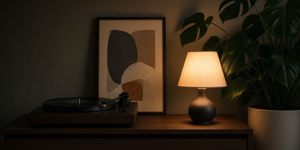 A record player and plants on a shelf