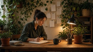 A woman at a desk among plants