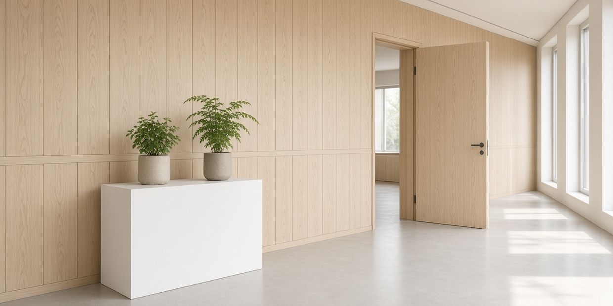 A bright corridor with timber panelling