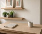 A tidy desk with shelves and plants