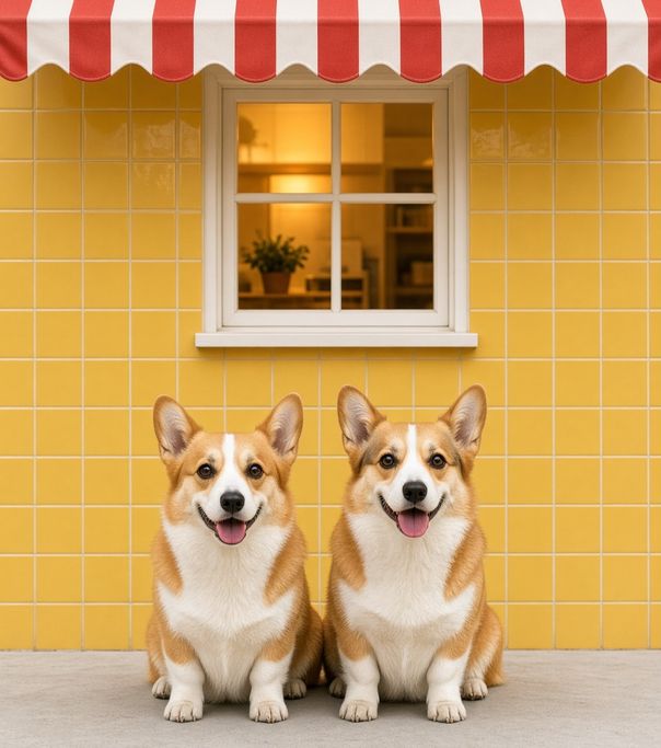Two corgis in front of a yellow tiled shopfront